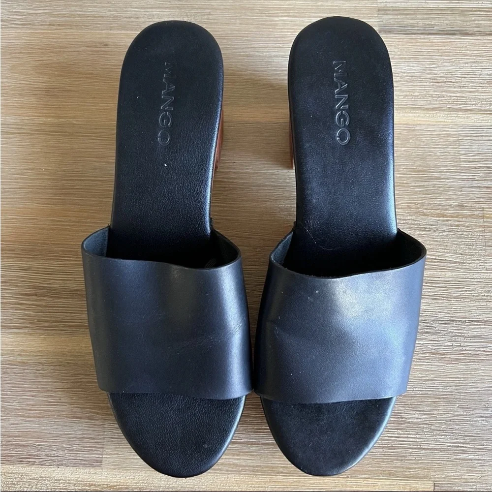 Mango Block Heel Shoes Black Leather Chunky Wood Studded Platform Women’s 7.5